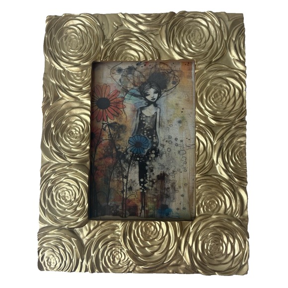 Rachel Zoe Picture Frame 4"x6" Gold 3D Rose Classic Ornate - Picture 1 of 5